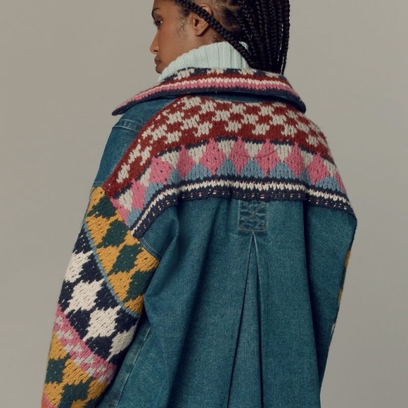 Anthropologie Pilcro Crochet Denim sweater Jacket with Patterned Sleeves XS - Picture 5 of 12